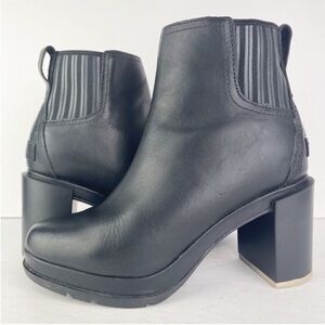 Sorel Margot Chelsea Black Leather Waterproof Platform Block Heel Ankle Boots
